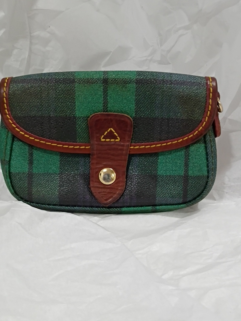 Dooney & Bourke Vintage Green Plaid Clutch with Brown Trim